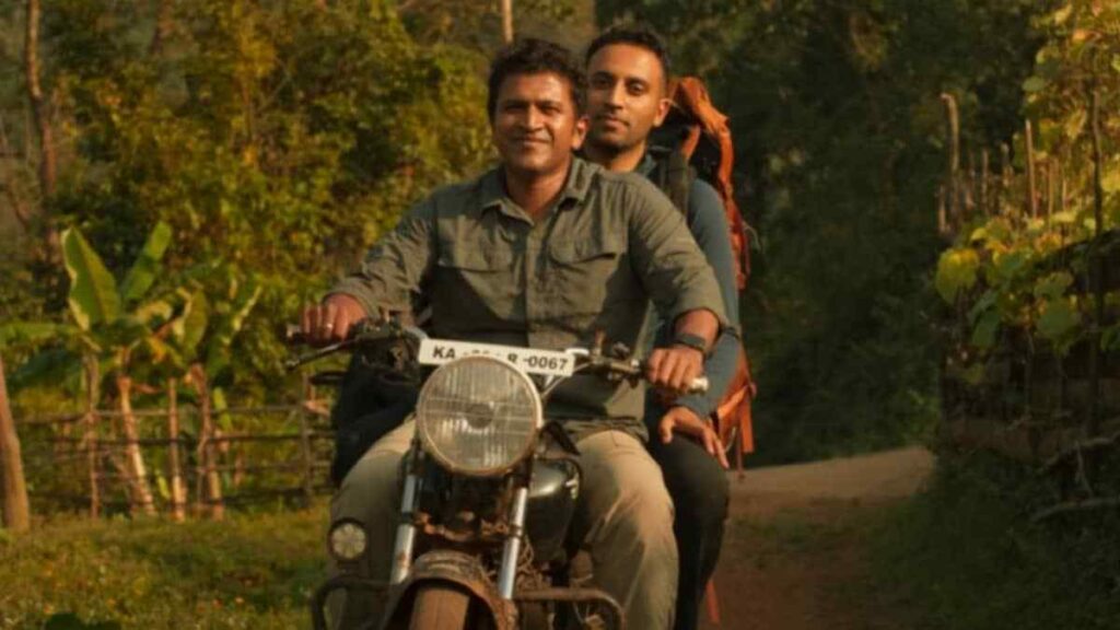 puneeth rajkumar with amoghavarsha in gandhada gudi on bike